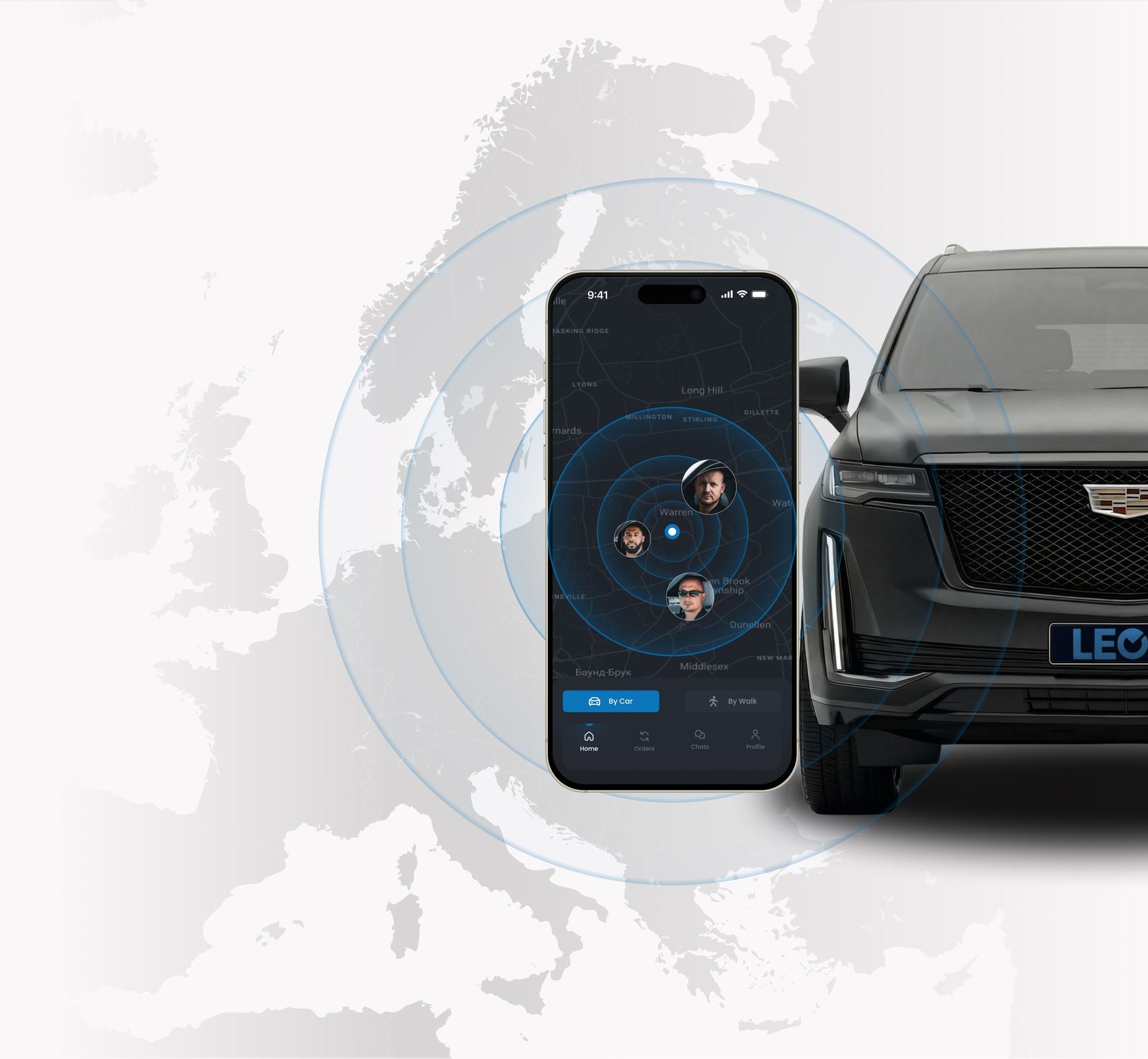 LEON chauffeur booking app over a map of Europe, beside a LEON vehicle
